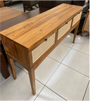 Teak console with square motif rattan drawers